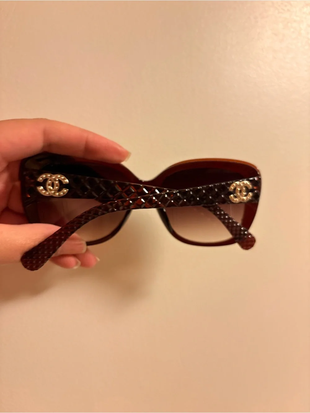 CHANEL Brown Quilted Temple Sunglasses with Gold CC Accents